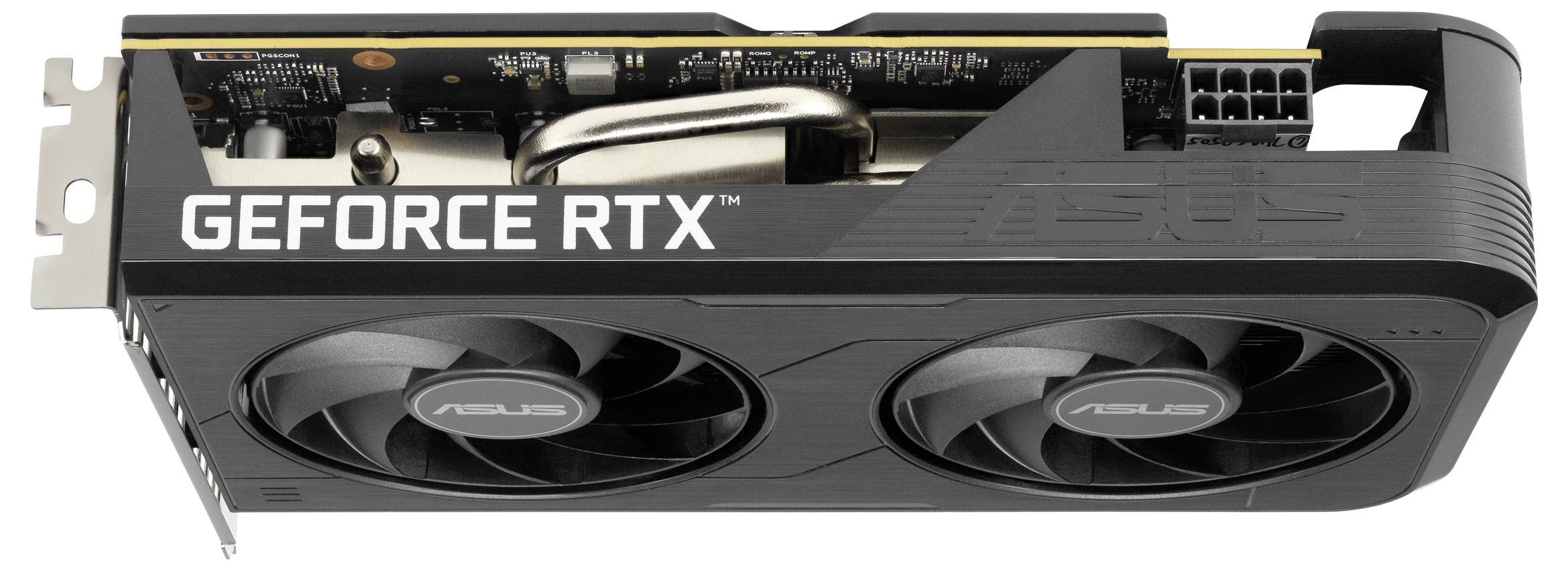 Een zwarte ASUS GeForce RTX-videokaart met dubbele ventilatoren wordt getoond, waarbij de koelsysteem en merkidentiteit worden belicht.