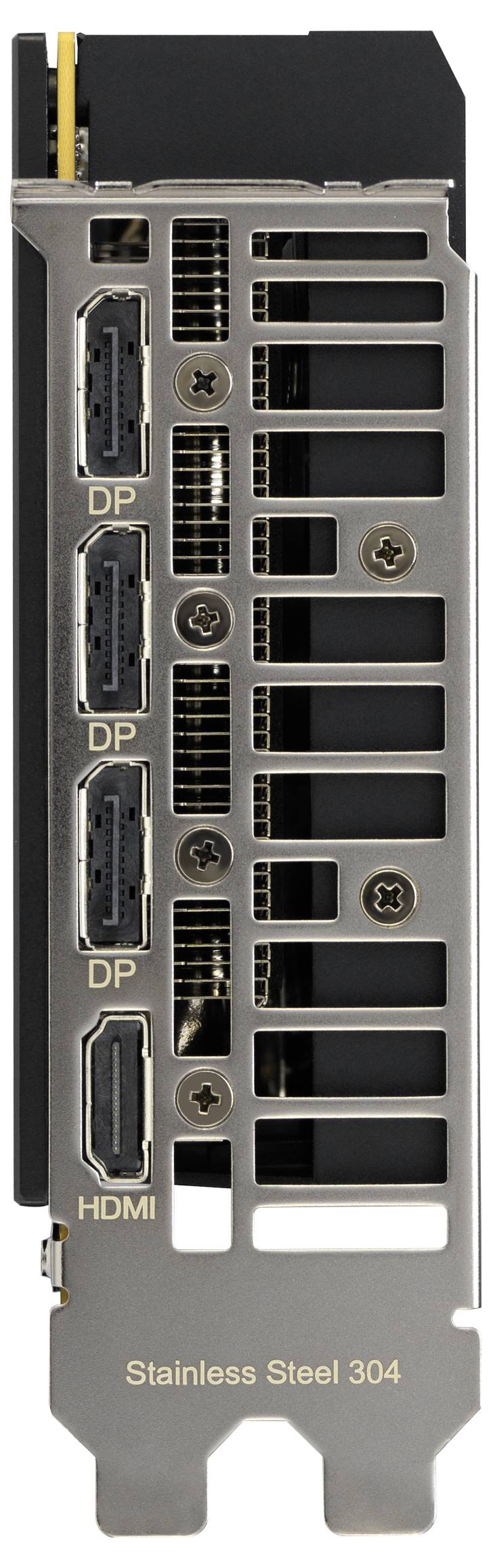 Een grafische kaart's achterpaneel met drie DisplayPort- en één HDMI-poort gelabeld op een roestvrij stalen beugel gemarkeerd als 'Roestvrij Staal 304'.
