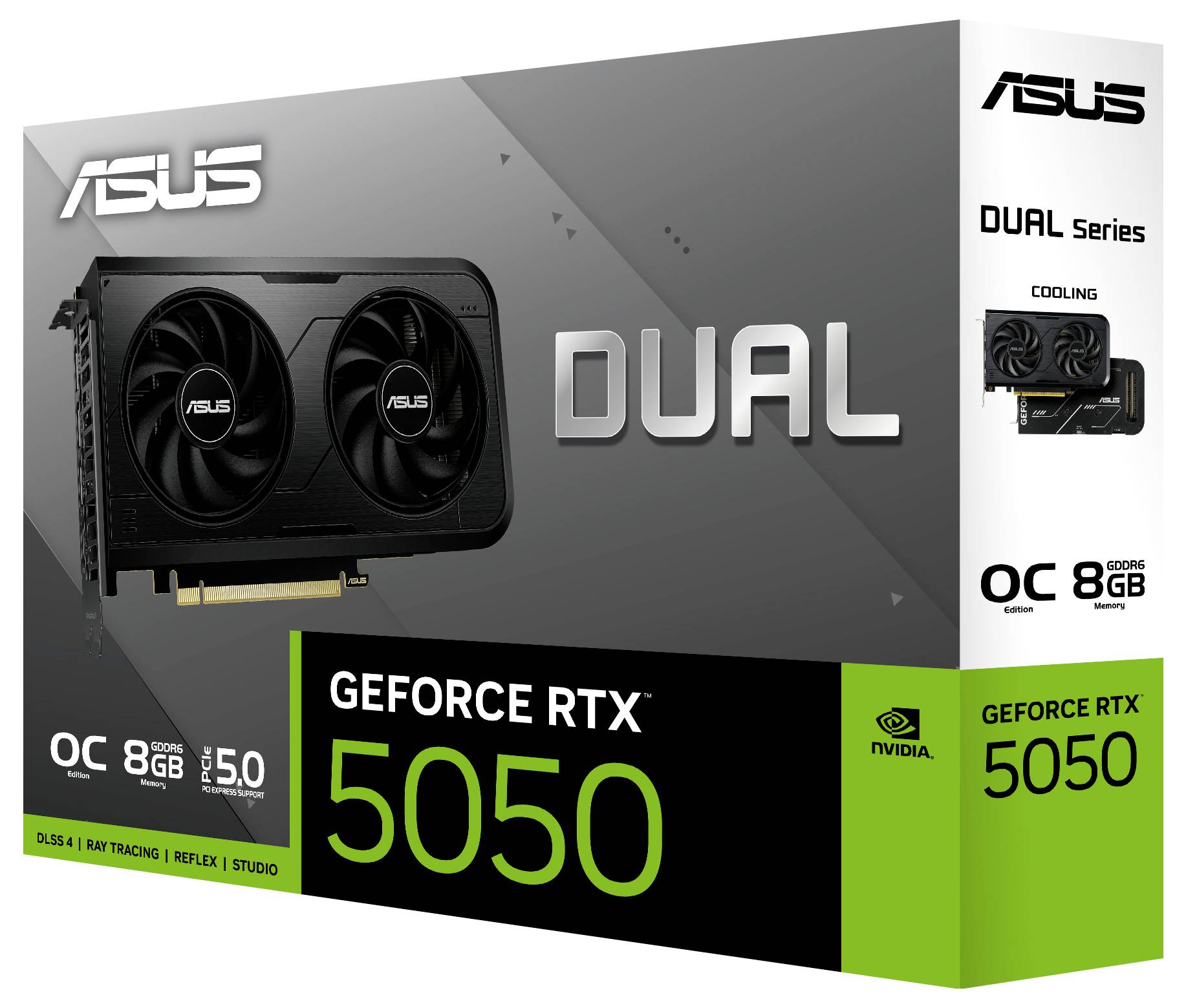 ASUS GeForce RTX 5050 grafische kaart doos, uitgerust met 8GB geheugen, ray tracing, dubbele ventilatoren, en is overklok ingesteld. Dual Series branding zichtbaar.