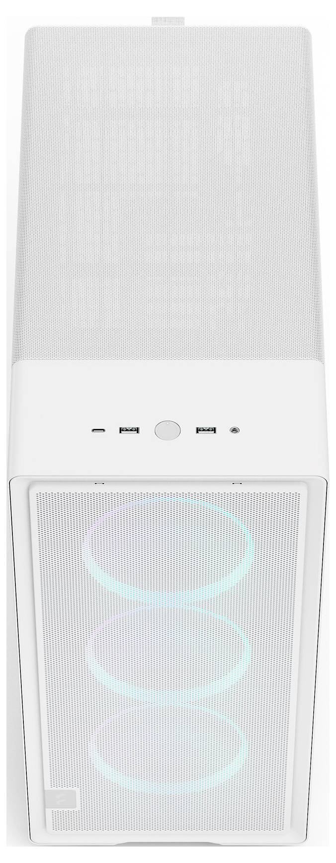 Een witte computerbehuizing met een meshfront, voorzien van drie verticaal uitgelijnde RGB-ventilatoren die oplichten in pastelkleuren.