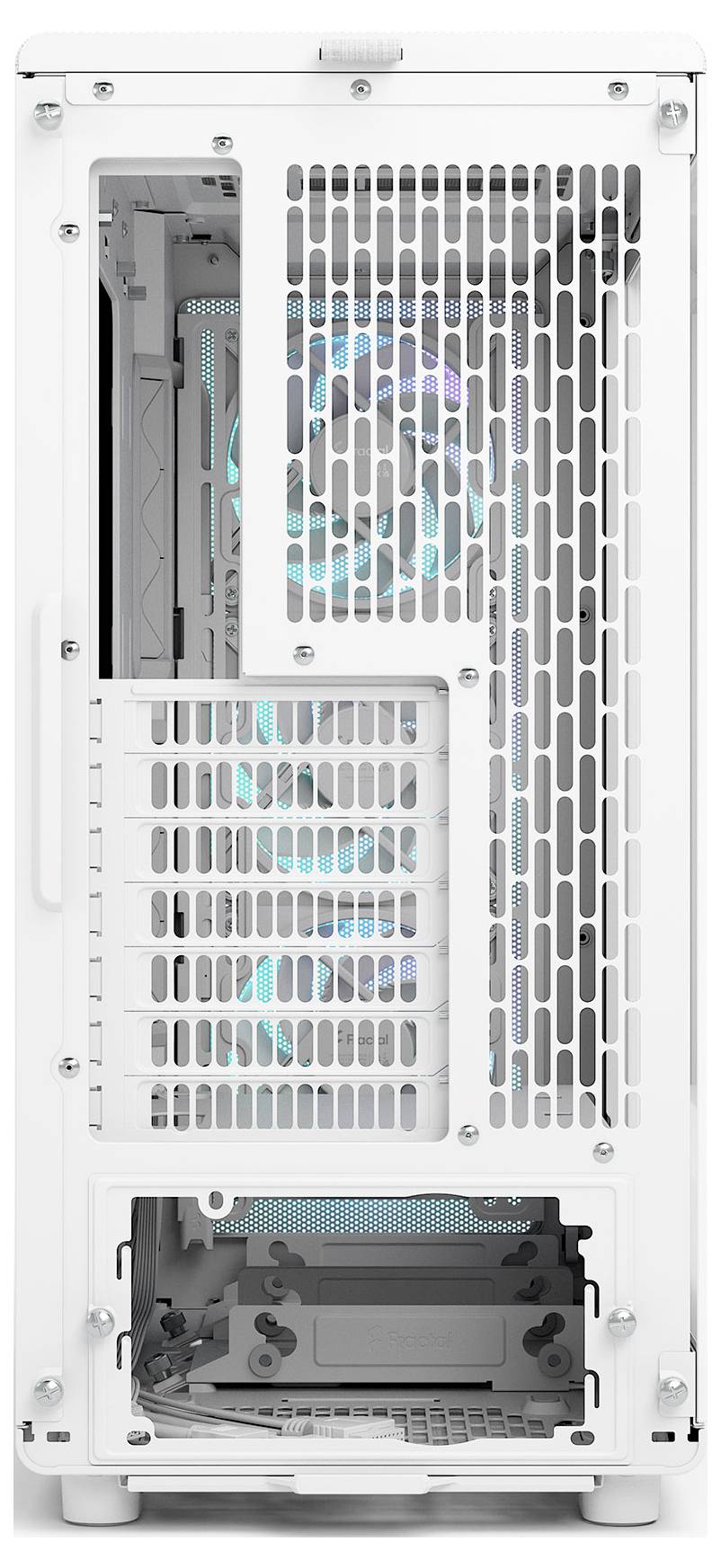 Een witte computerbehuizing met een open roosterontwerp dat blauwe verlichte ventilatoren aan de binnenkant toont, verticaal gepositioneerd. Geschikt voor custom builds.