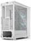 Een witte computerbehuizing met een transparant zijpaneel waarop drie verlichte ventilatoren zichtbaar zijn. Achter- en zijventilatieopeningen zijn zichtbaar.
