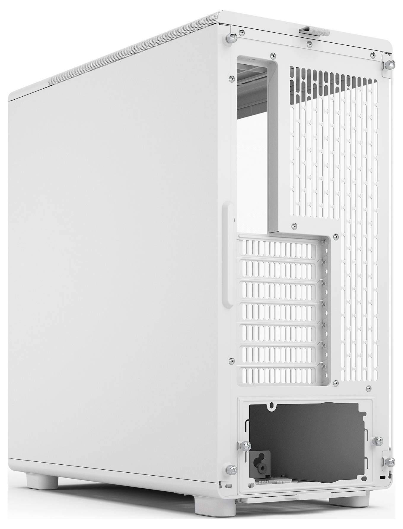 Een witte computerbehuizing met een open zijpaneel, waarbij de ruimte voor componenten, koelingsopeningen en uitbreidingskaartsleuf aan de achterkant zichtbaar zijn.