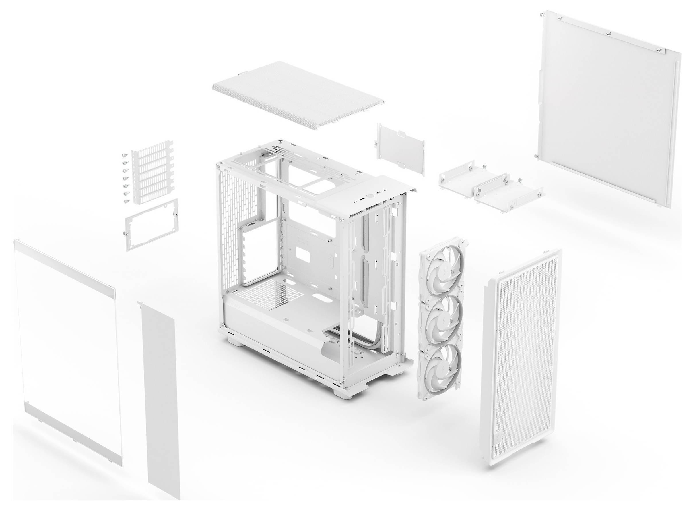 Uitgevouwen weergave van een witte computerbehuizing met zijn componenten, waaronder het frame, panelen, ventilatoren en ventilatierooster, afzonderlijk gerangschikt.