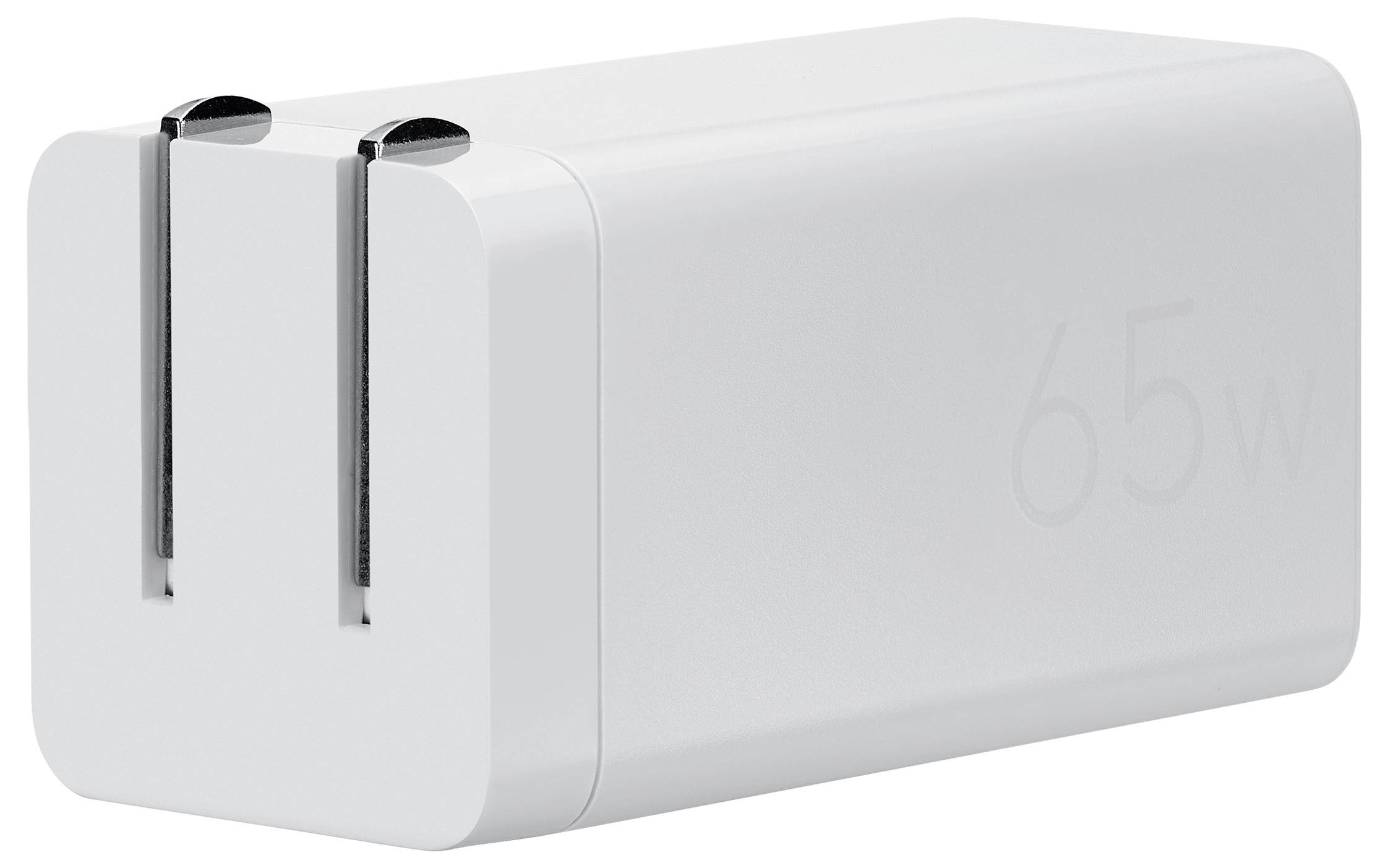 Een witte 65W-voedingsadapter met opvouwbare stekkerpennen wordt getoond.