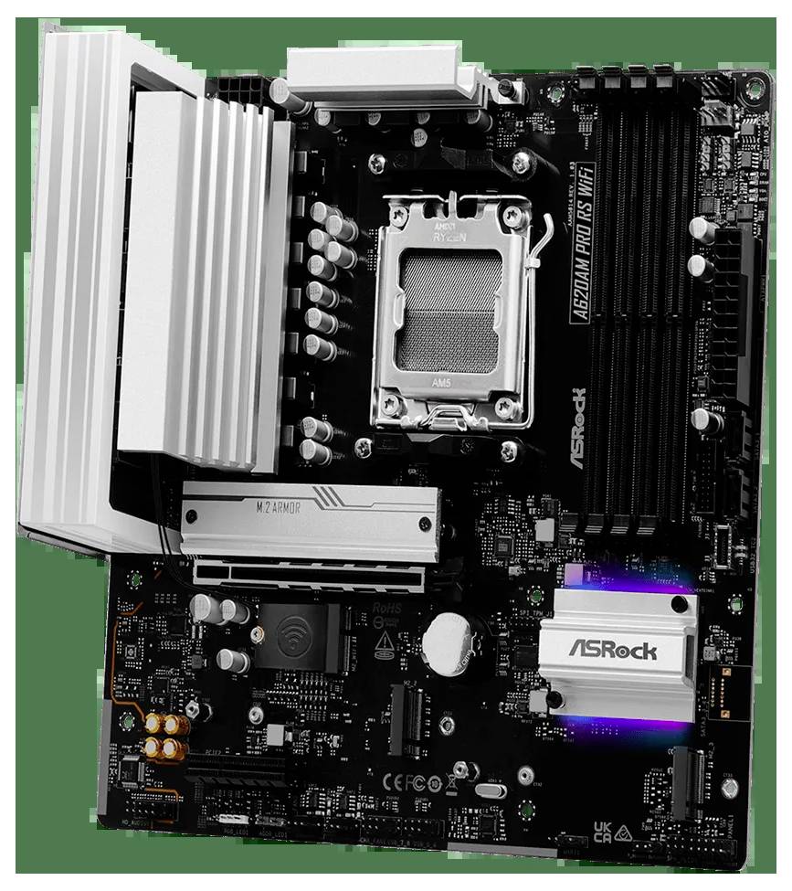 ASRock B550M PRO4 R2.0 moederbord met meerdere sleuven voor RAM, CPU en andere componenten, in een compacte micro-ATX formfactor.