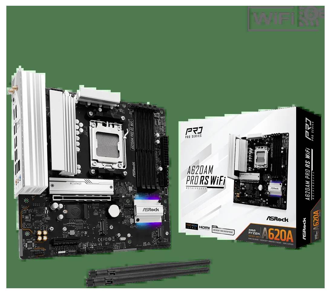 Moederbord met 'ASRock A620AM PRO RS WiFi' branding, weergegeven buiten de doos. Groene achtergrond.