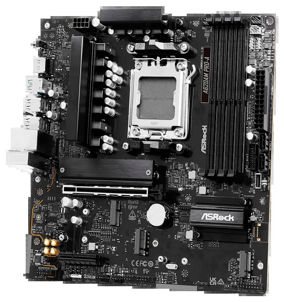 Een computermoederbord met een CPU-socket, RAM-sleuven en verschillende aansluitingen voor randapparatuur. Merklogo zichtbaar op het printbord.