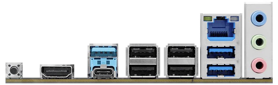 Een moederbord achterpaneel met poorten: HDMI, USB-C, vier USB-A, Ethernet en audio-aansluitingen.