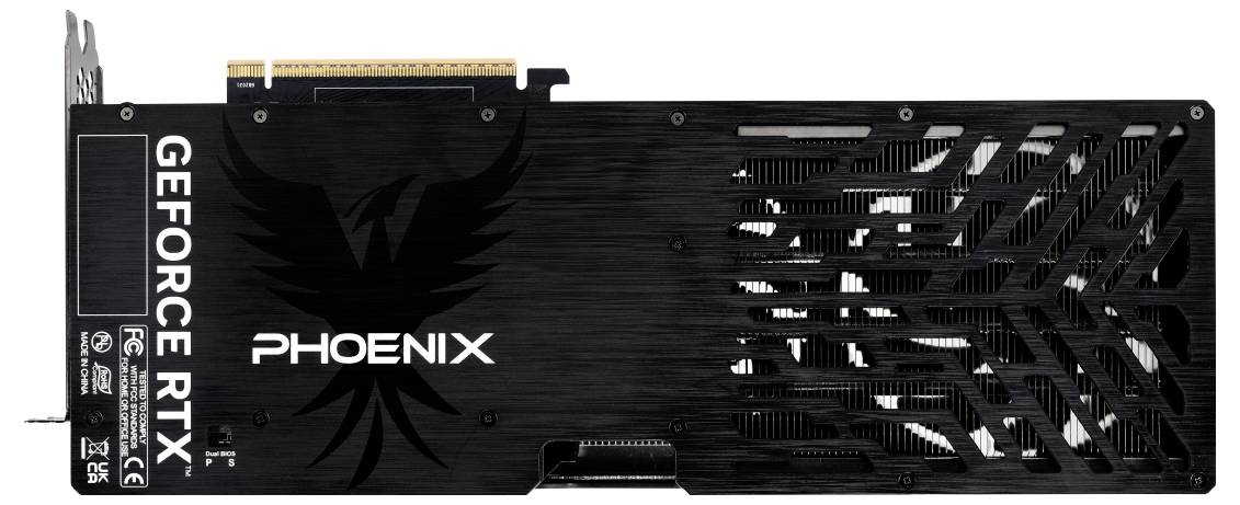 Een zwarte GeForce RTX Phoenix videokaart met een groot phoenix-logo en het woord 'PHOENIX' gedrukt aan de zijkant, waarbij het ontwerp van de backplate wordt getoond.