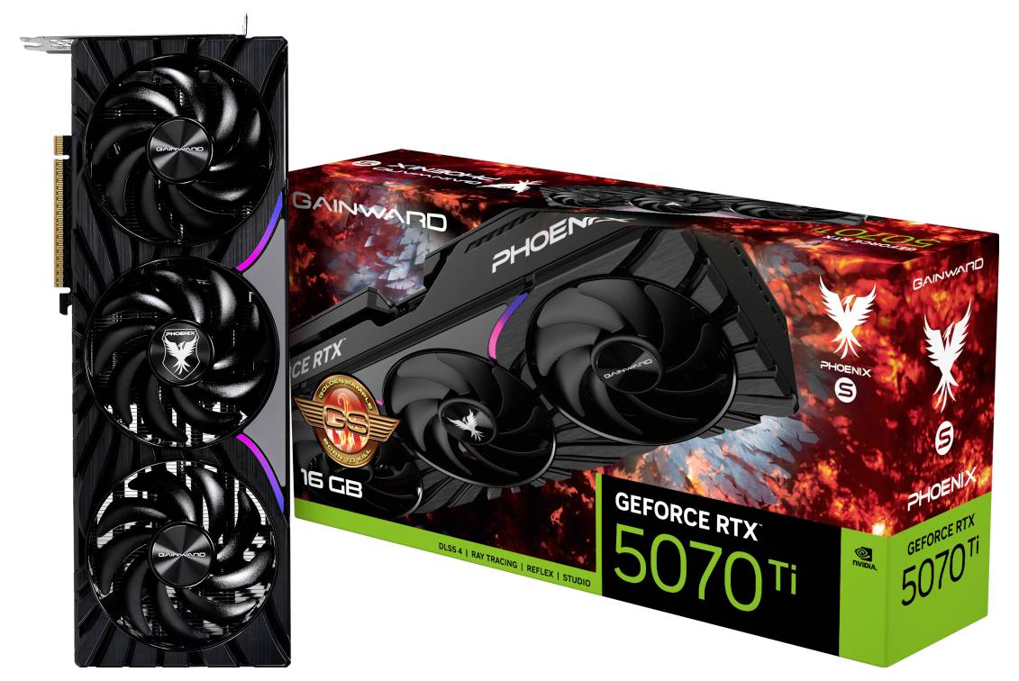 'GeForce RTX 5070 Ti' videokaart van Gainward, voorzien van drie ventilatoren en 16 GB geheugen, samen met de kleurrijke retailverpakking.