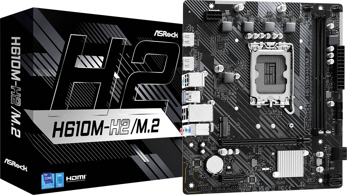 'ASRock H610M-HDV/M.2 moederbord met doos. Kenmerken zijn onder andere meerdere USB-poorten, PCI-sleuven en een Intel-chipset, geschikt voor pc-builds.'