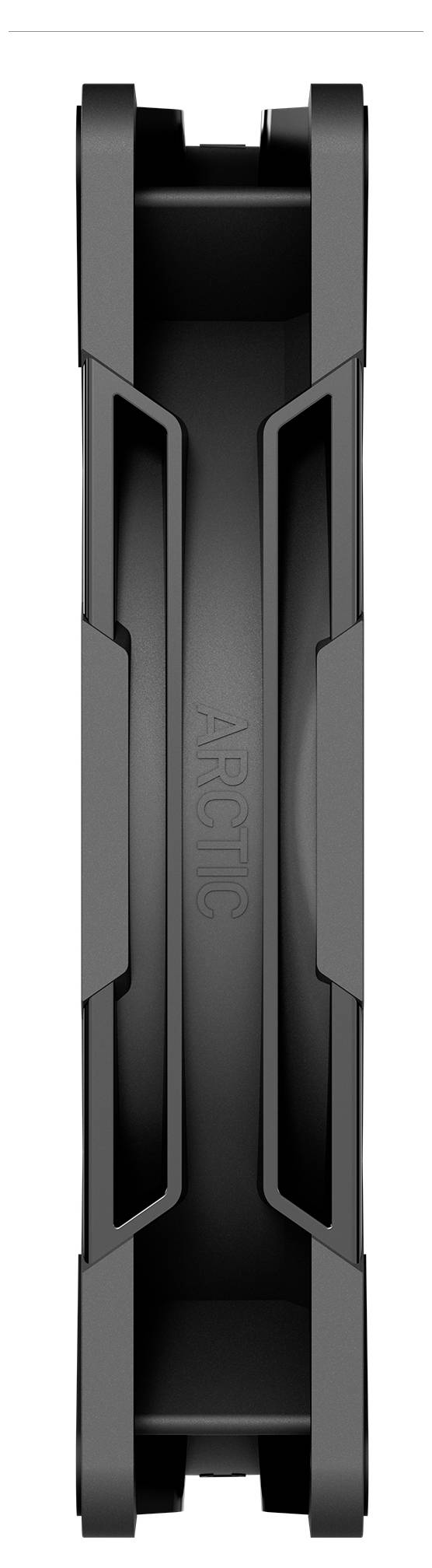Een zwarte computerfan bekeken van opzij, waarbij de behuizing en de bladen zichtbaar zijn. Het woord 'ARCTIC' staat op de zijkant.