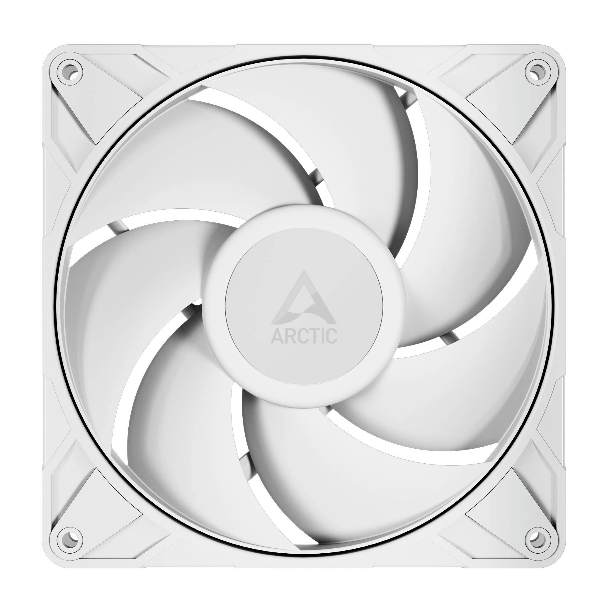 Vierkante witte computerkoelventilator met 'ARCTIC' merkopdruk in het midden, voorzien van vijf witte schoepen en een hoekig frameontwerp.