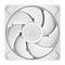 Vierkante witte computerkoelventilator met 'ARCTIC' merkopdruk in het midden, voorzien van vijf witte schoepen en een hoekig frameontwerp.