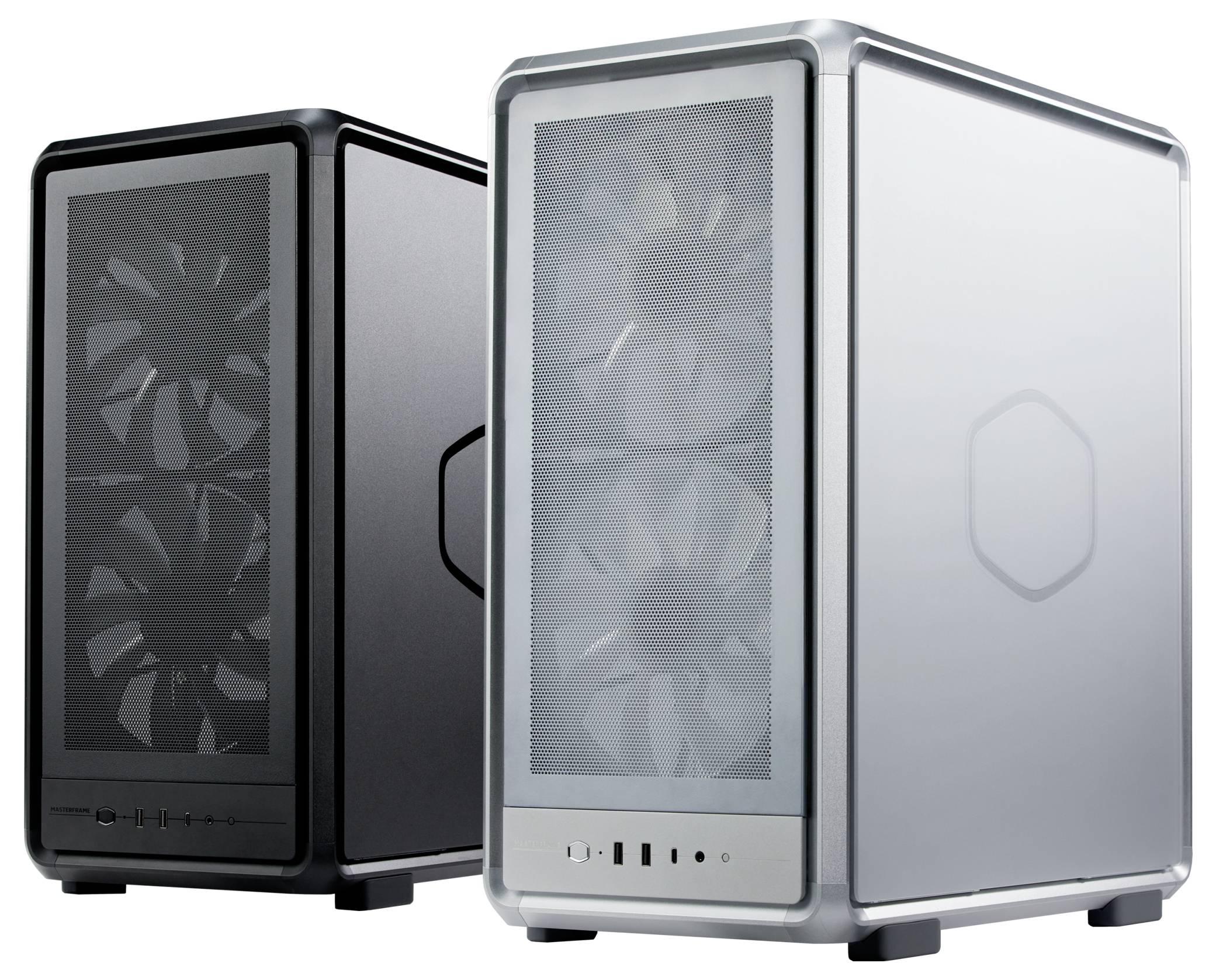 Twee computerkasten met zichtbare voorste ventilatoren naast elkaar geplaatst; één is zwart, de andere is metallic grijs.