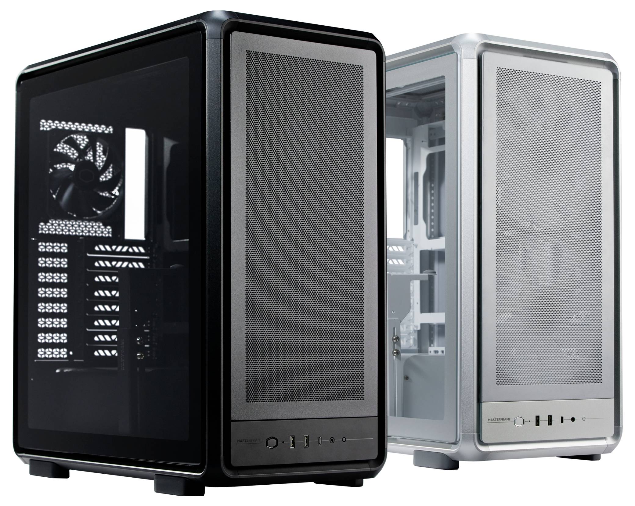 'Twee computerbehuizingen naast elkaar, één zwart en één zilver, met transparante zijpanelen die interieurventilators en componenten tonen.'