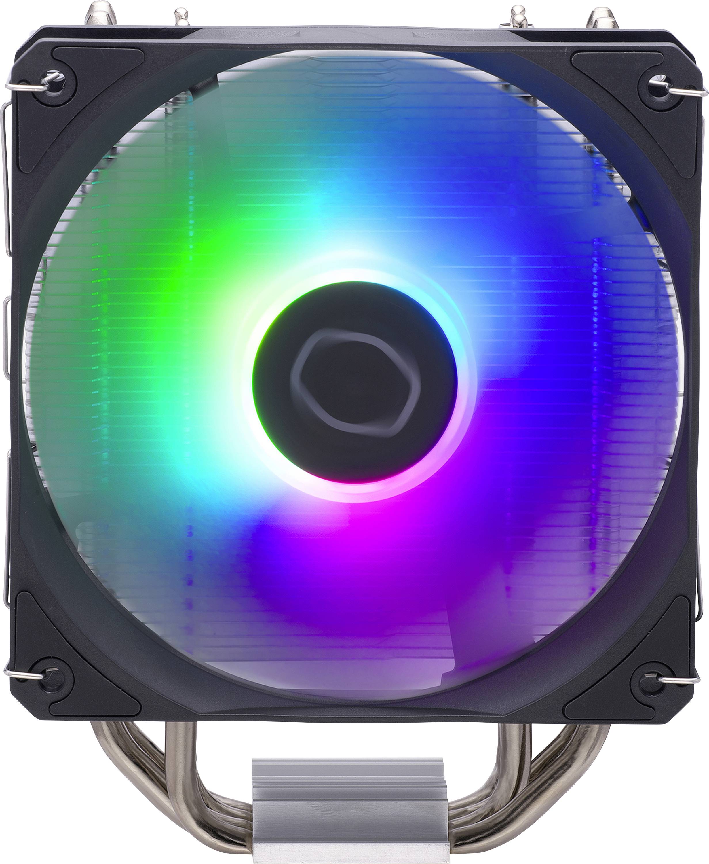 Een computerkoelingventilator met levendige RGB-verlichting vertoont een spectrum van kleuren, waaronder groen, blauw en paars, terwijl hij gemonteerd is op een warmteafvoerplaat.