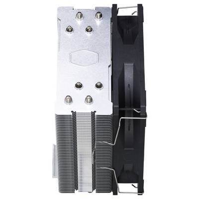 Een CPU-koeler met een metalen heatsink en een zwarte ventilator, voorzien van heatpipes aan de bovenkant, ontworpen voor efficiënte computerkoeling.