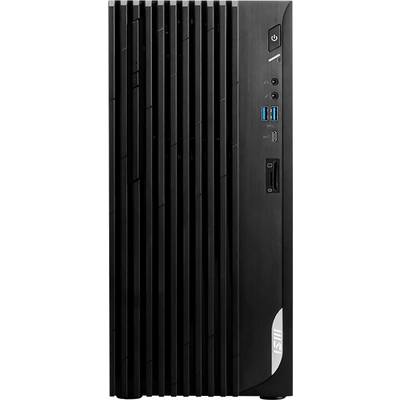 Een zwarte desktopcomputertoren met een verticaal gestreept voorpaneel, voorzien van USB-poorten en een aan/uit-knop aan de rechterkant.
