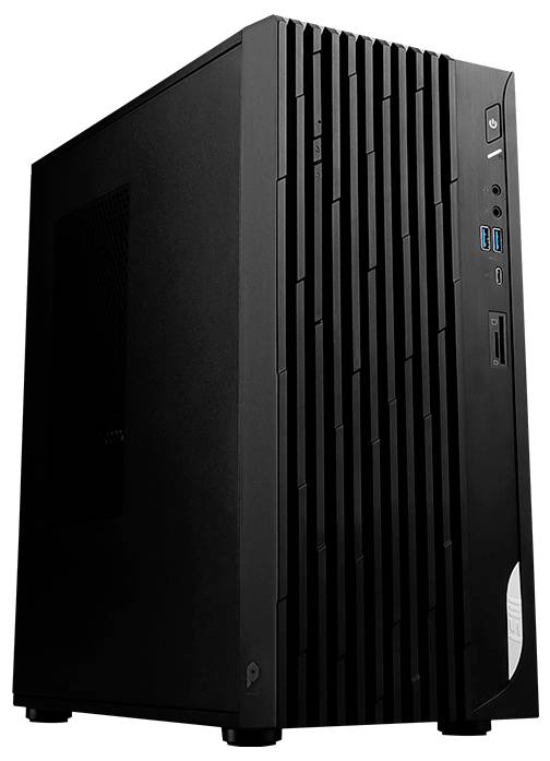 Een zwarte desktopcomputer-behuizing met USB-poorten aan de voorkant, aan/uit-knop en ventilatieopeningen. Het ontwerp is modern met een strak uiterlijk.