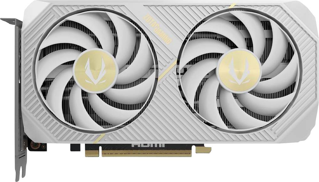 Een wit en gouden computergrafische kaart met dubbele ventilatoren en zichtbare HDMI-poort, ontworpen voor verbeterde gaming en visuele prestaties.