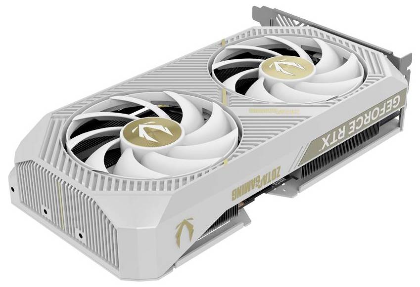 Een witte en gouden computervideokaart met twee grote koelventilatoren. De tekst 'GEFORCE RTX' is zichtbaar aan de zijkant.