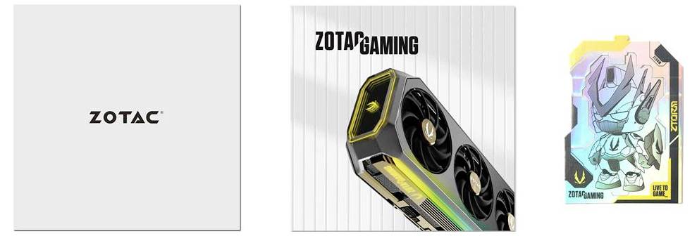 Verpakking van een 'ZOTAC' videokaart met de kaartontwerp dat drie ventilatoren toont, naast een geïllustreerde gaming-thema kaart.