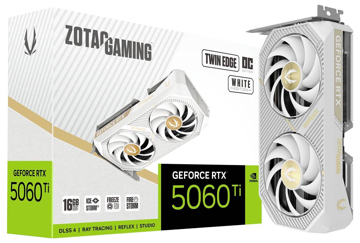'ZOTAC GAMING GeForce RTX 5060 Ti White Edition' videokaart met twee ventilatoren getoond naast zijn verpakking. Belangrijkste kenmerken: DLSS 4, Ray Tracing.