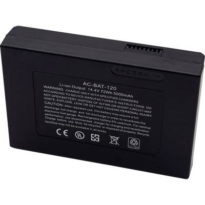 Een zwarte lithium-ion batterij met het label 'AC-BAT-120' voorzien van specificaties zoals '14,4V 72Wh 5000mAh' en veiligheidswaarschuwingen gedrukt op de batterij.
