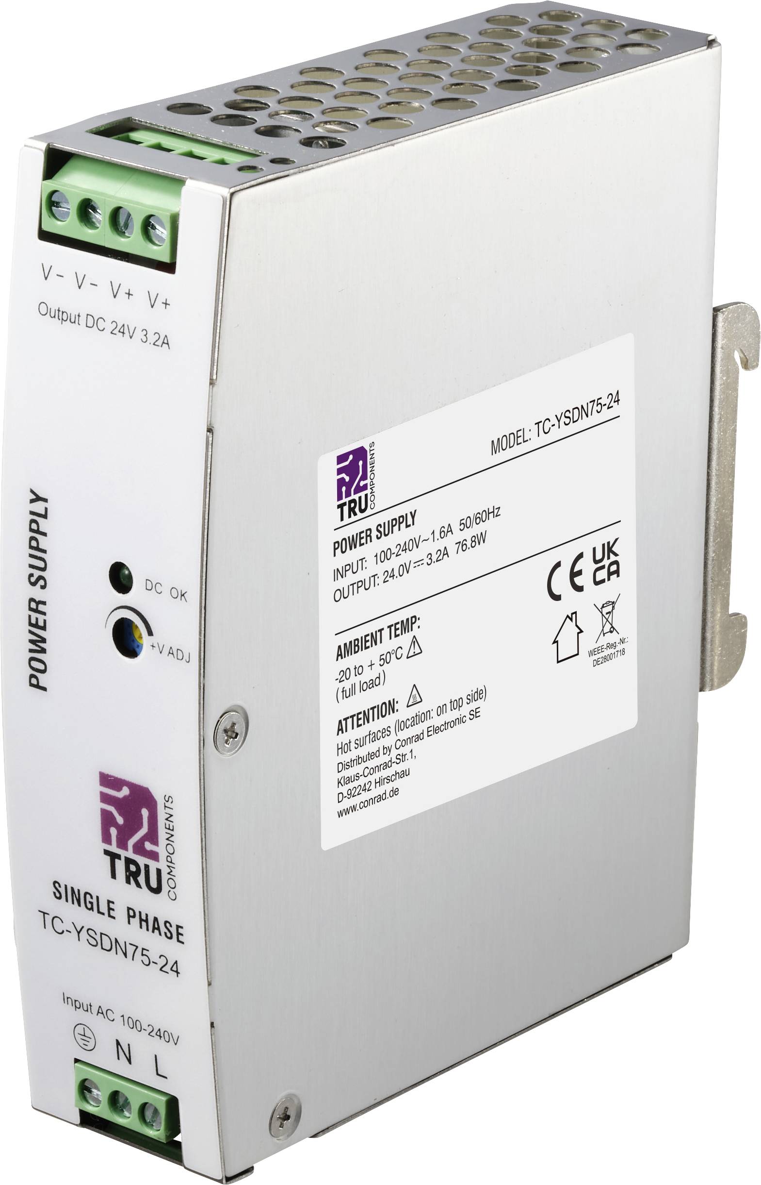 DIN-rail voedingseenheid met groene aansluitblokken en gelabeld frontpaneel, weergegeven in zijdeaanzicht voor industrieel elektrisch gebruik.