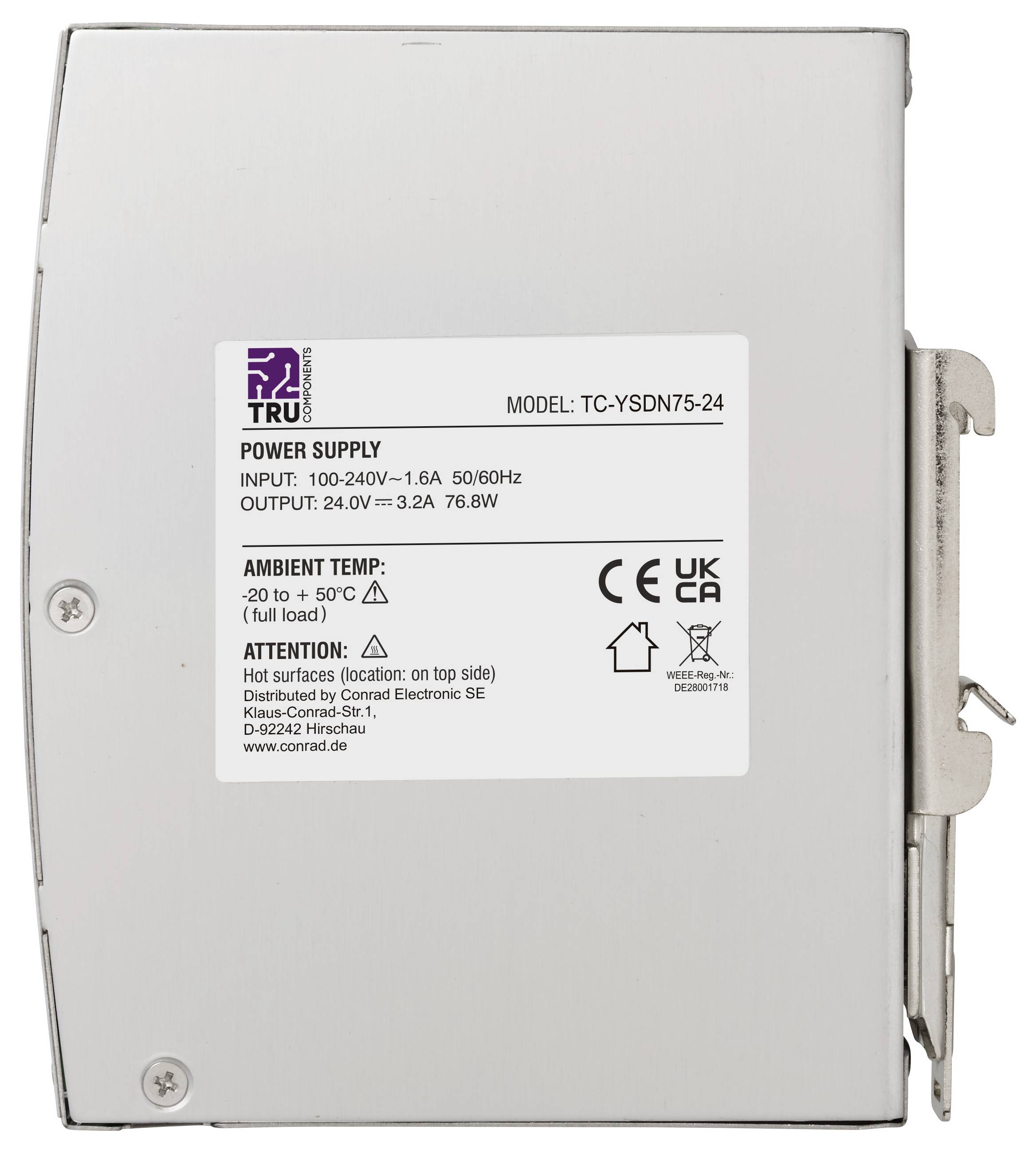 Zilverkleurige metalen voedingseenheid met label met modelnummer TC-YSDN75-24, ingang 100-240V en uitgang 24,0V 3,2A, 76,8W.