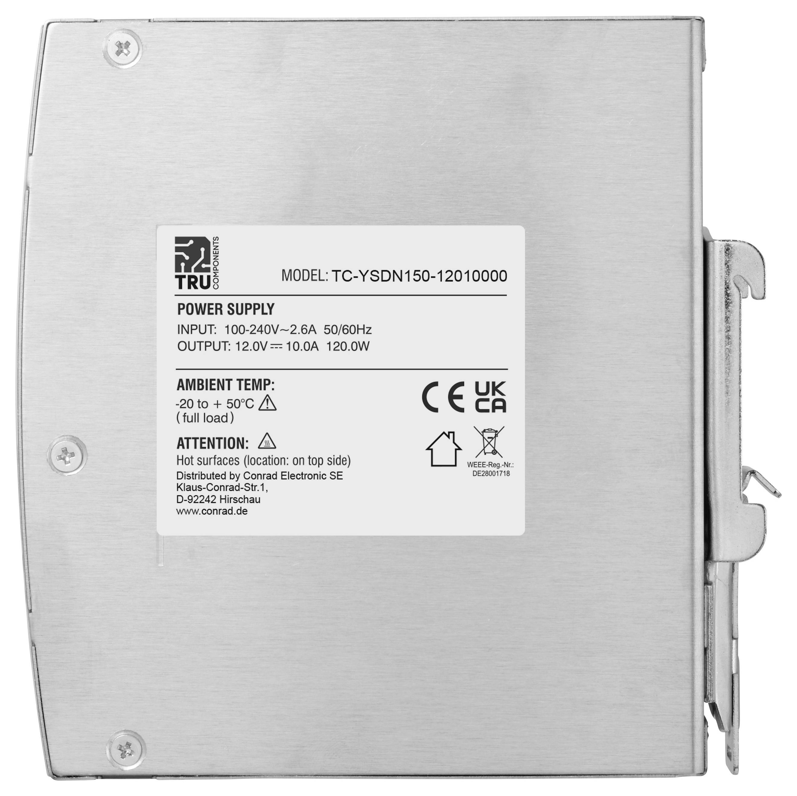 Metalen voedingseenheid met label 'TC-YSDN150-1201000' met ingang 100–240V AC en uitgang 12V DC, 10A, 120W.