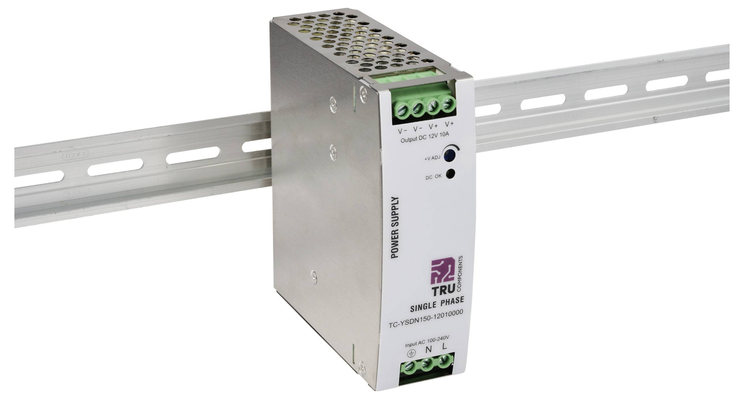 Eenfasige voedingseenheid gemonteerd op een DIN-rail, gemerkt met 'TRU' met aansluitingen voor elektrische verbindingen, gebruikt in industriële omgevingen.