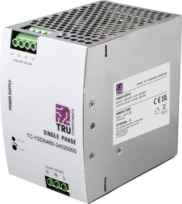 TRU COMPONENTS TC-13808000 DIN-rail netvoeding 24 V/DC 20 A 480 W Aantal uitgangen:1 x Inhoud 1 stuk(s)