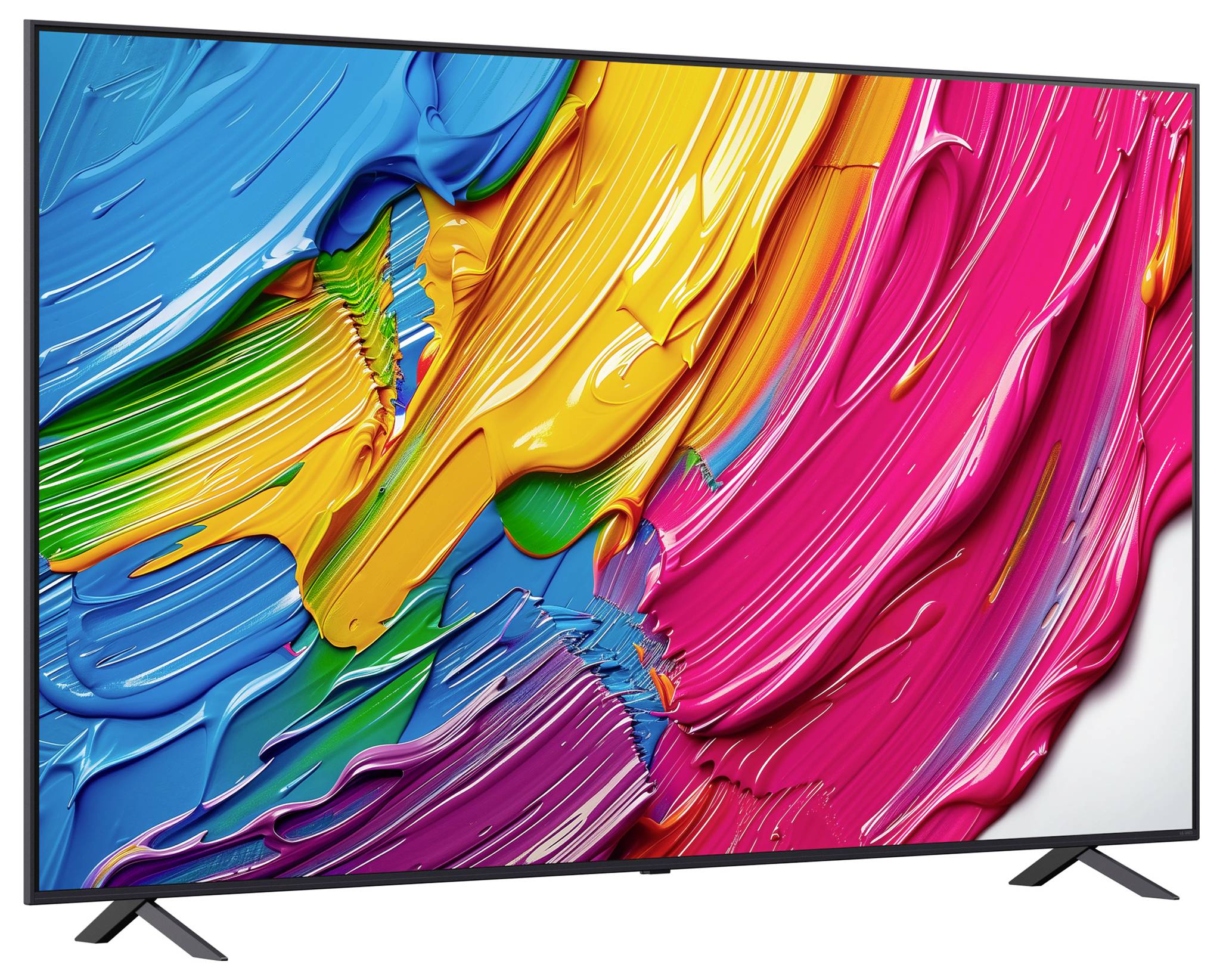 Een close-up van een tv-scherm waarop een abstracte, levendige verfstructuur wordt weergegeven met gedurfde streken in roze, geel, groen en blauw.