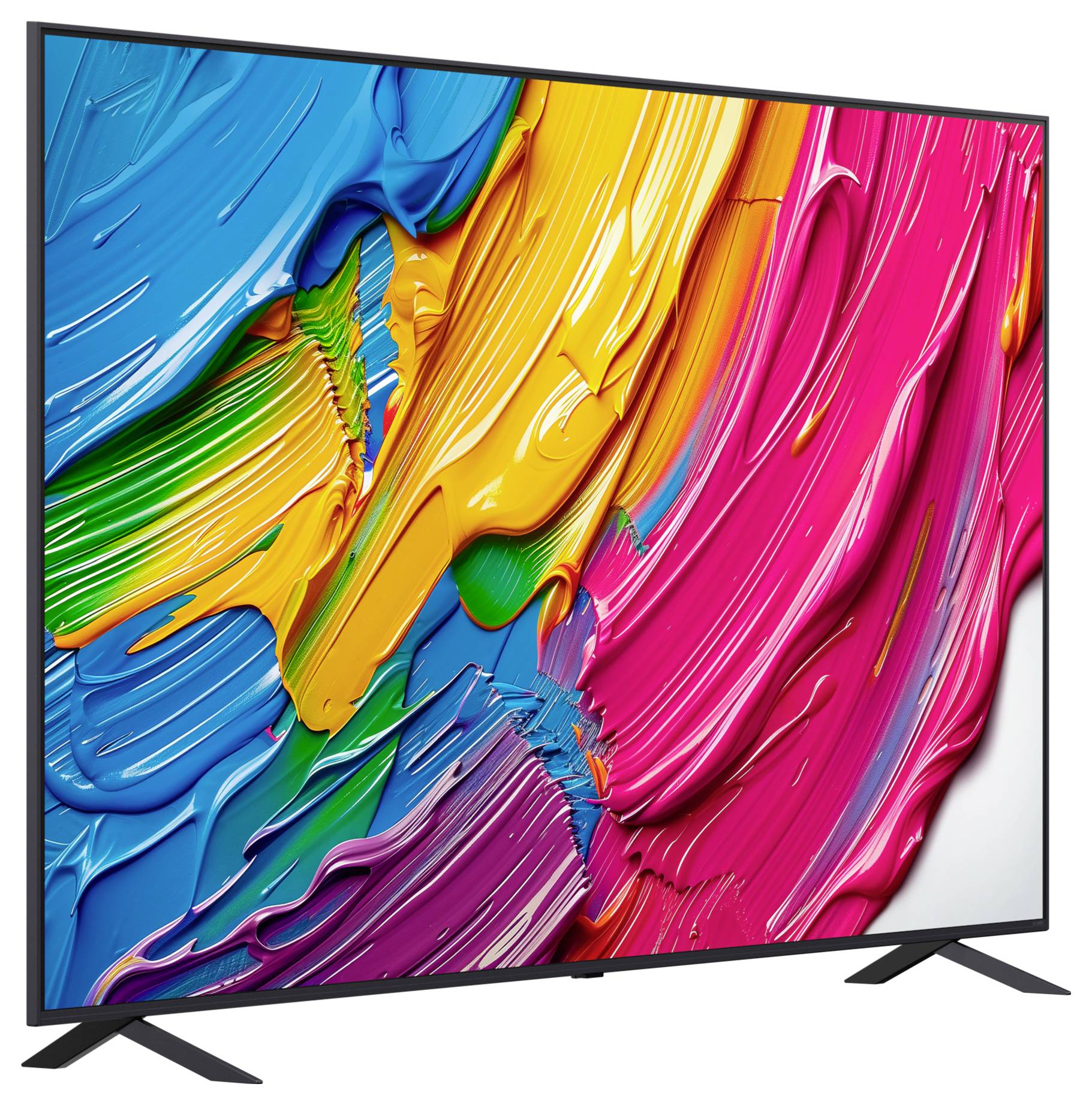 Een groot flatscreen-tv-scherm waarop een abstract kunstwerk wordt weergegeven met levendige wervelingen van blauwe, gele, groene, roze en oranje verf.
