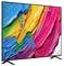 Een groot flatscreen-tv-scherm waarop een abstract kunstwerk wordt weergegeven met levendige wervelingen van blauwe, gele, groene, roze en oranje verf.