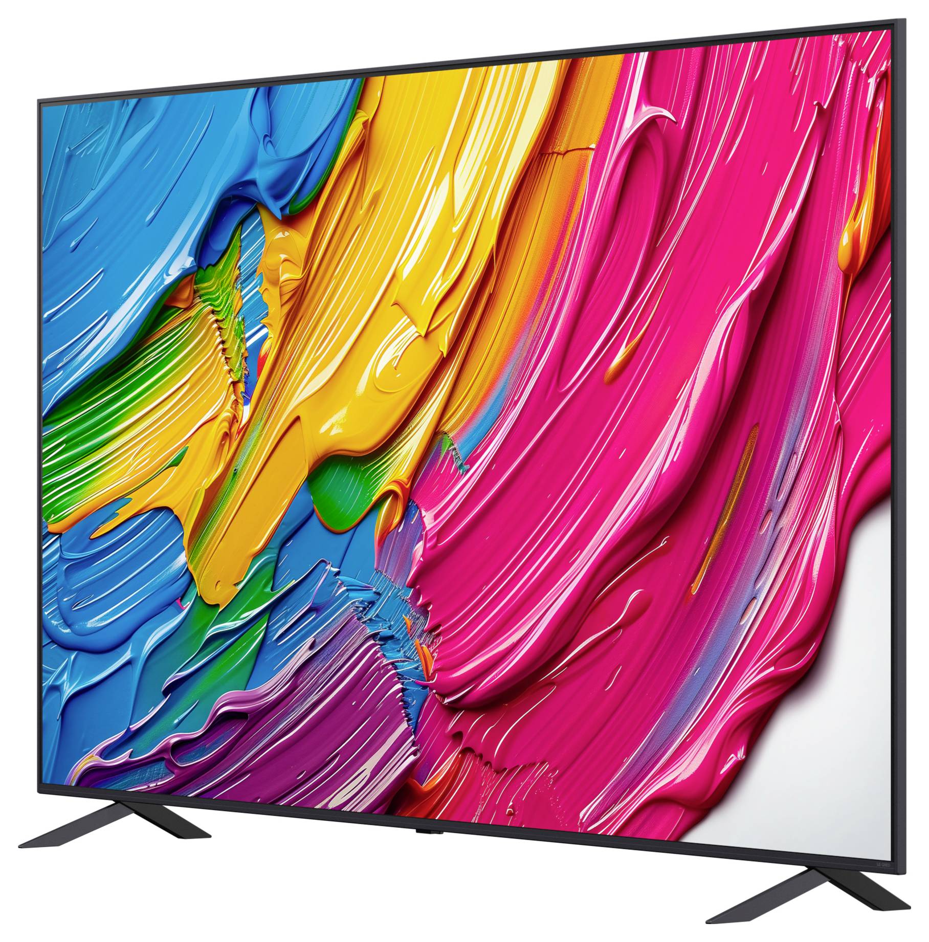 Een groot flatscreen-tv-scherm dat een levendig beeld vertoont van kleurrijke verfstreken in tinten van blauw, geel, groen en roze.