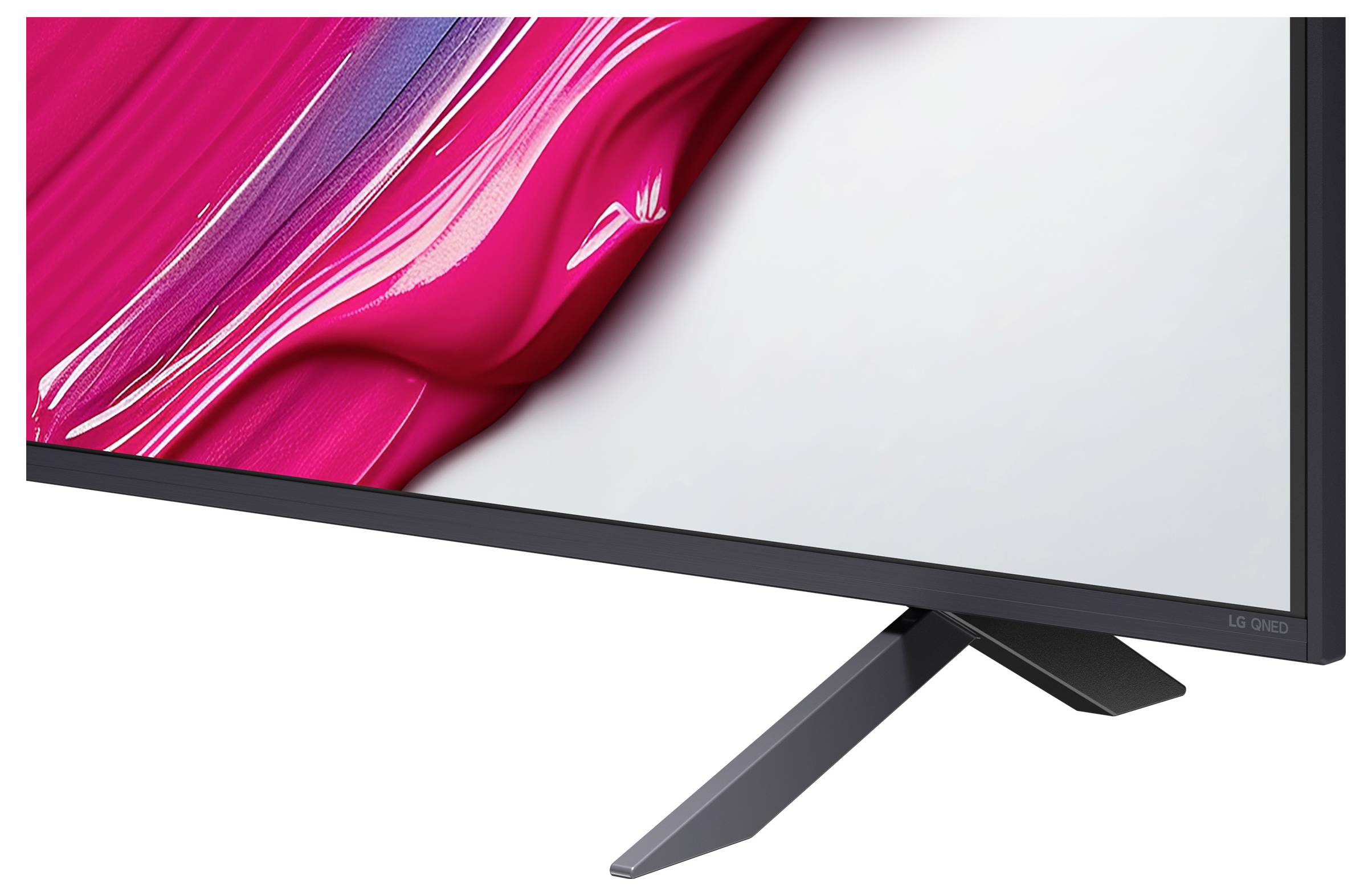 Een strak, modern beeldscherm dat levendige roze en witte abstracte kunst op het scherm weergeeft. Het scherm heeft een slanke zwarte rand en staat op een minimalistische, schuine standaard.