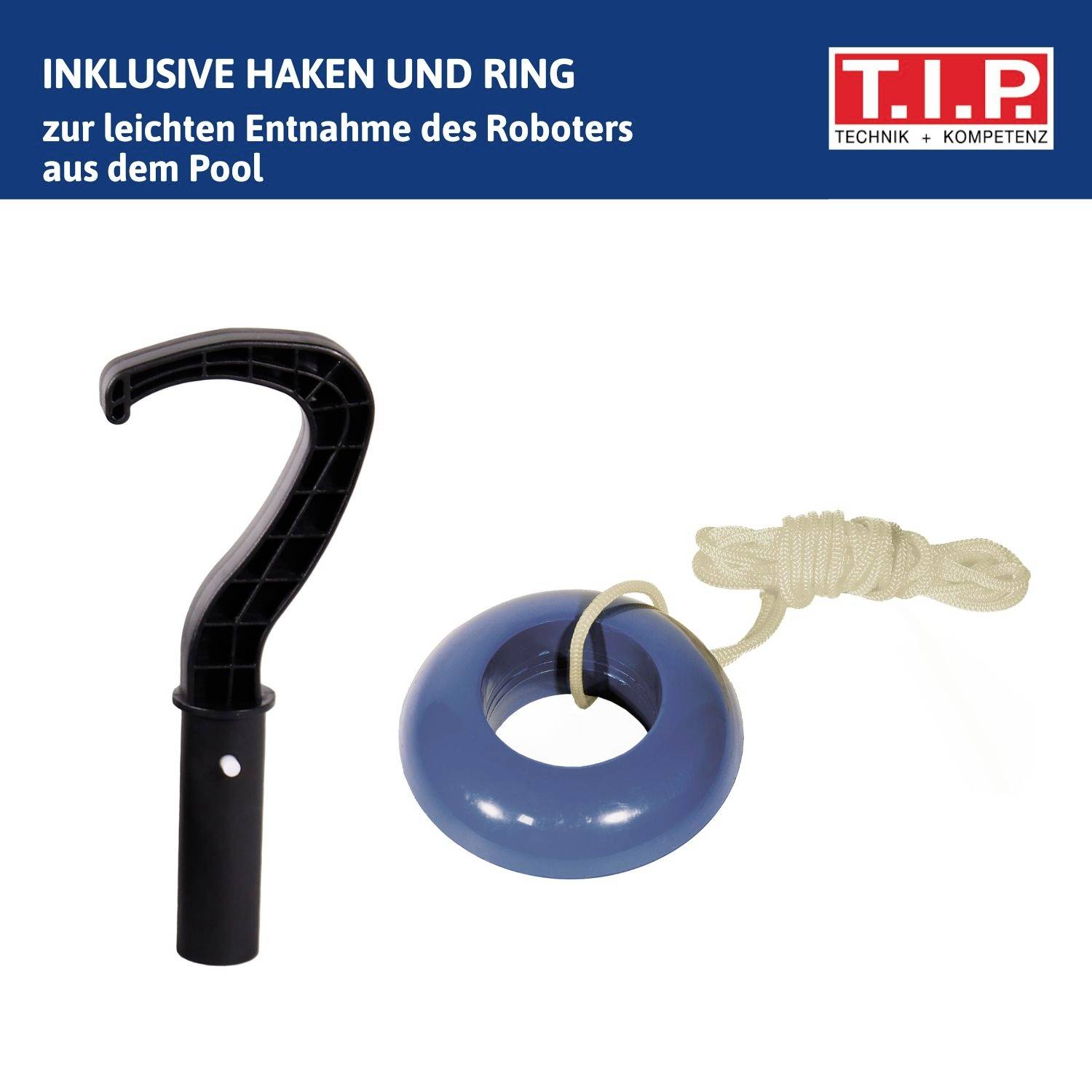 Een haak- en ringgereedschapsset voor gemakkelijke verwijdering van een zwembadrobot, getoond met een blauwe ring, een zwarte handgreep en een beige touw.