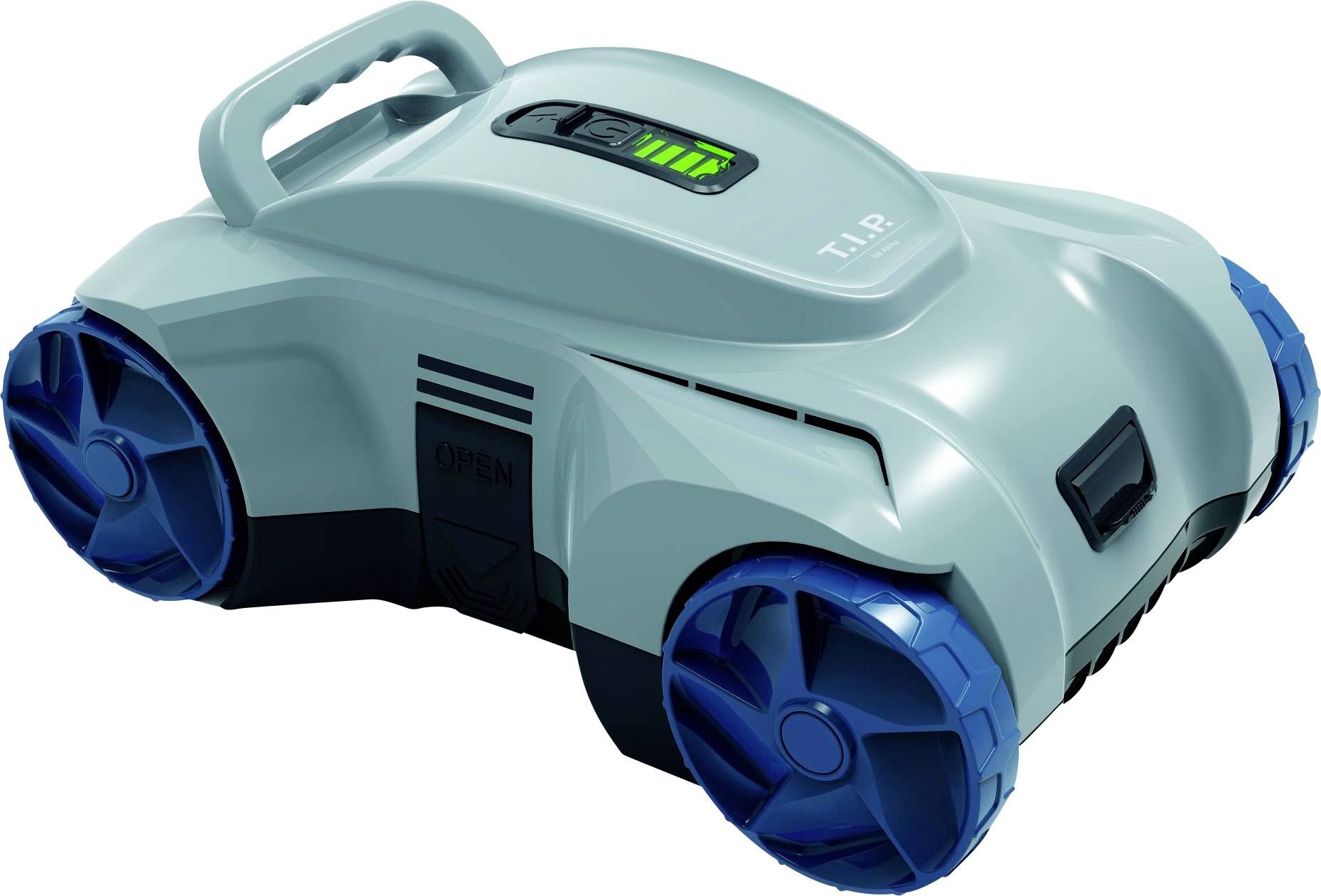 Een kleine robotische grasmaaier met een strak design, voorzien van grote blauwe wielen en een digitaal display bovenop dat de batterijstatus weergeeft.