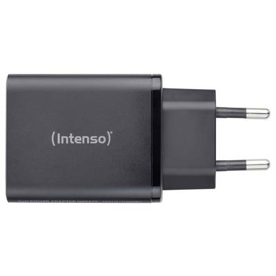 Een zwarte Intenso USB-wandoplader met twee-pins Eurostekker, ontworpen voor het opladen van elektronische apparaten, afgebeeld tegen een witte achtergrond.