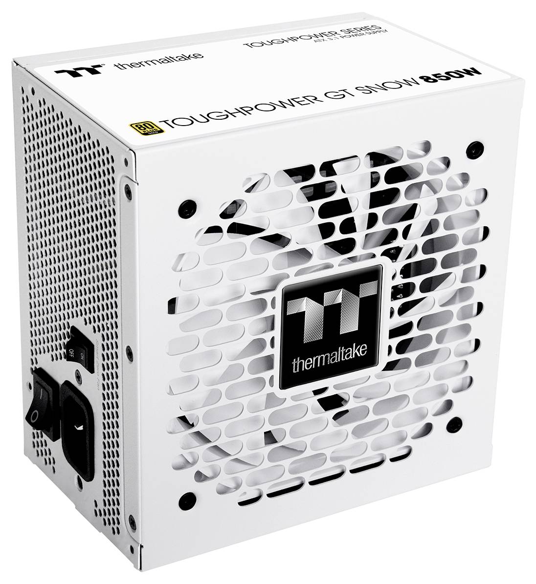 Een witte Thermaltake Toughpower GT Snow 850W voedingseenheid met koelventilator, uitgerust met meerdere aansluitingen voor computercomponenten.