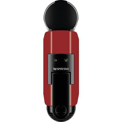 'Rode Nespresso koffiemachine, bovenaanzicht, met het merklabel en twee groene indicatorlampjes.'