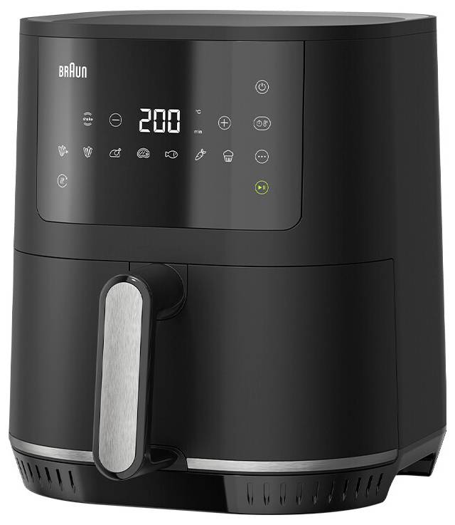 Een zwarte airfryer met digitaal display waarop '200' staat en verschillende kookpictogrammen.
