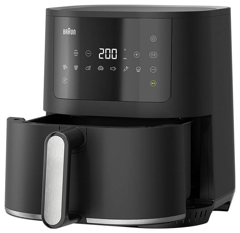 Een zwarte digitale airfryer met een touchscreendisplay ingesteld op 200 graden, met verschillende kookmogelijkheden en een open lade.