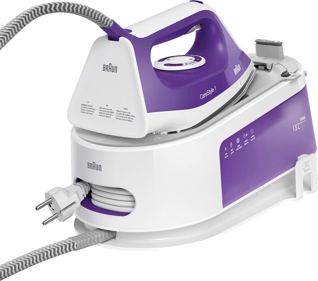 Een paarse en witte stoomstrijkijzer met een gekrulde snoer, gelabeld 'Braun CareStyle 1', voorzien van een watertankindicator en bedieningspaneel.