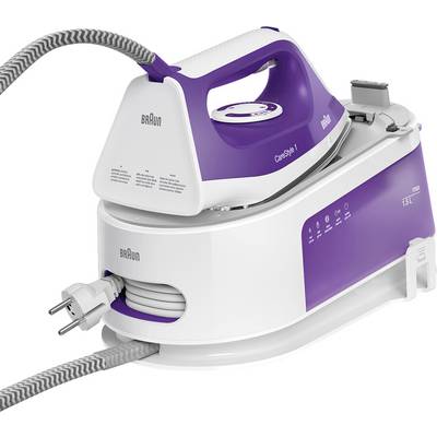 Een paarse en witte stoomstrijkijzer met een gekrulde snoer, gelabeld 'Braun CareStyle 1', voorzien van een watertankindicator en bedieningspaneel.
