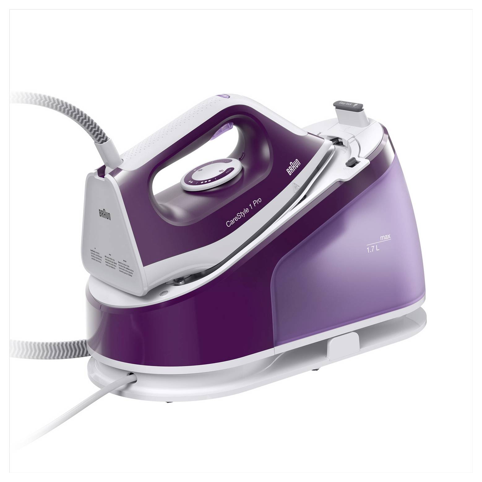 'Braun CareStyle 7 Pro' paarse en witte stoomstrijkijzer met basisstation, voorzien van een strak design en 1,7 liter waterinhoud.